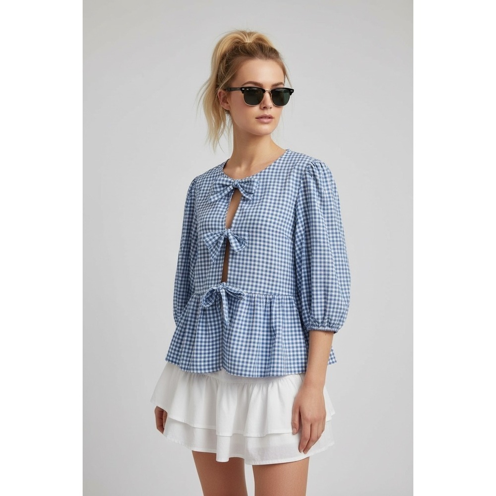 NEW‎ Blue White Gingham Medium Tie Front Peplum Blouse Puff Sleeve Coquette